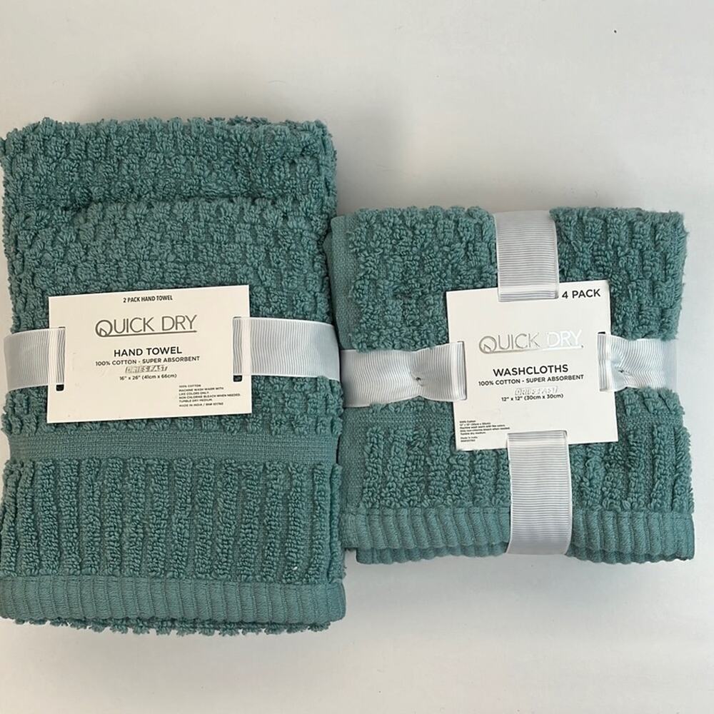 Quick Dry Towel Set Blue/Green Washcloths and Hand Towels 100% Cotton